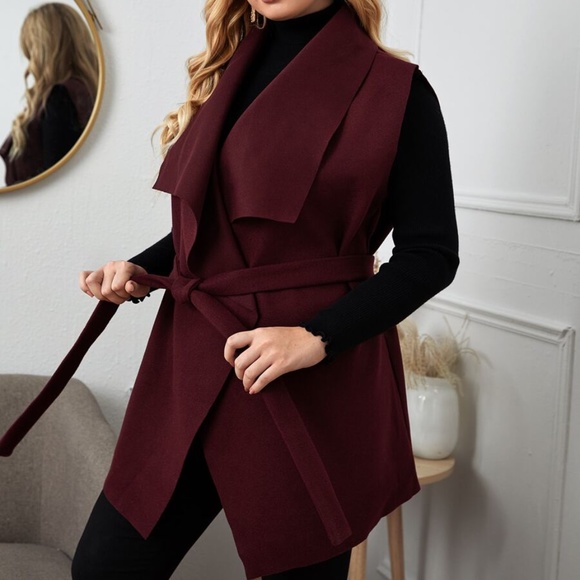 Jackets & Blazers - PLUS waterfall belt fall vest jacket burgundy